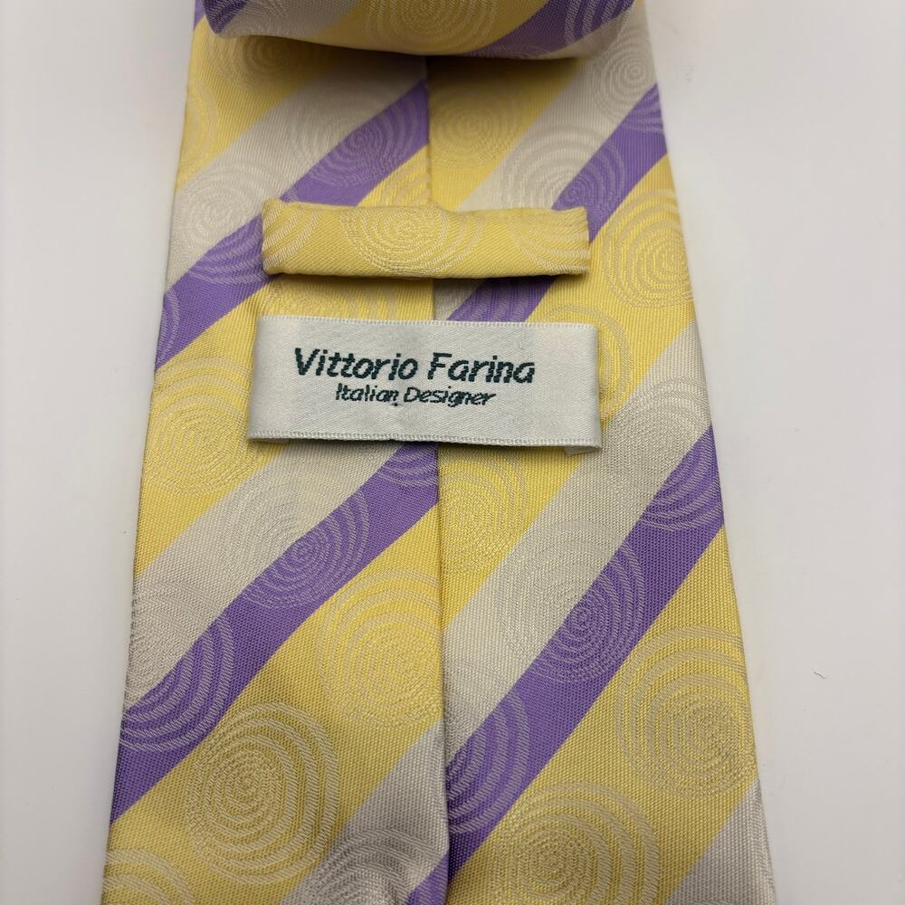 Vittorio Farina Purple Yellow Cream Stripe Men's Tie Polyester Necktie - Picture 3 of 4